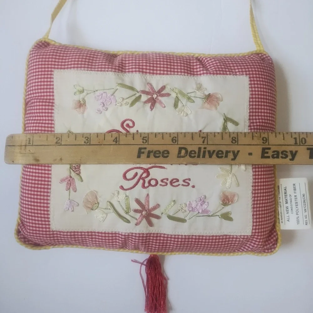 J.D. Yeatts & Son Hanging Pillow Small Red Gingham Embroidered Roses Cottagecore